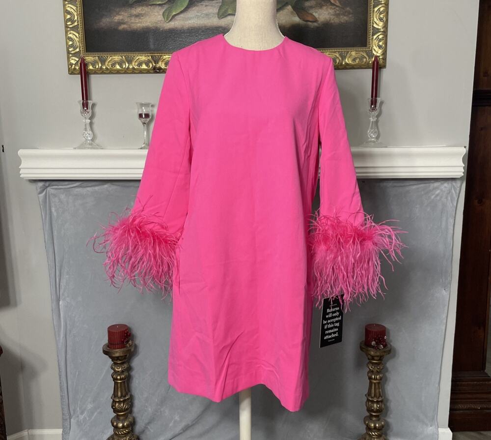 Tuckernuck Hot Pink Feather Sleeve Cocktail Shift Party Dress Large Mod Ellie